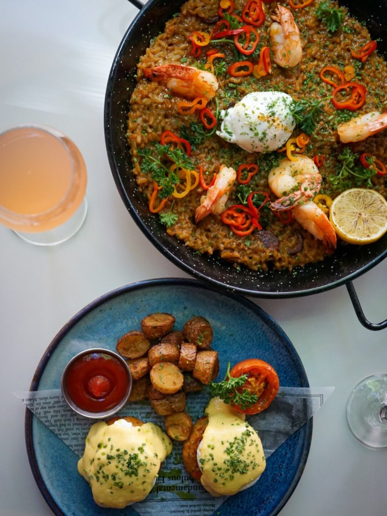Shrimp and rice beside eggs at Fanny Bay brunch