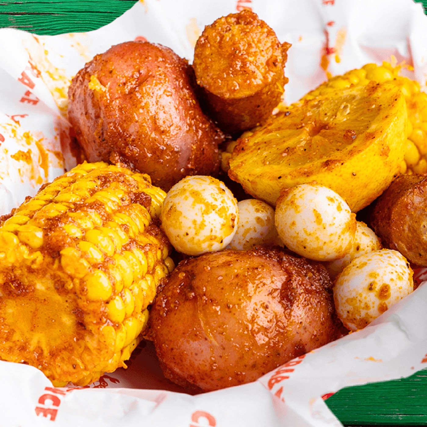 Corn, potatoes and quail eggs · photo: Crab N' Spice