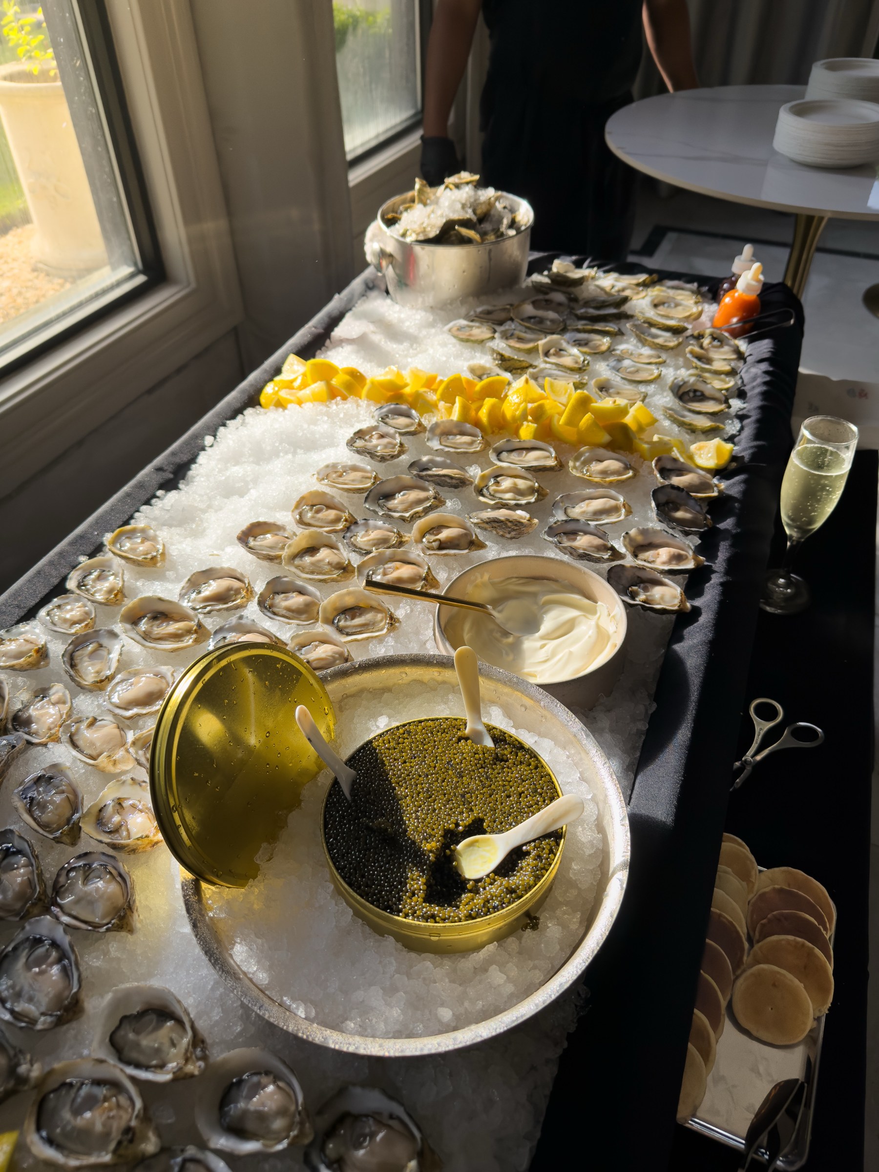 Catered raw bar with oysters, caviar and champagne