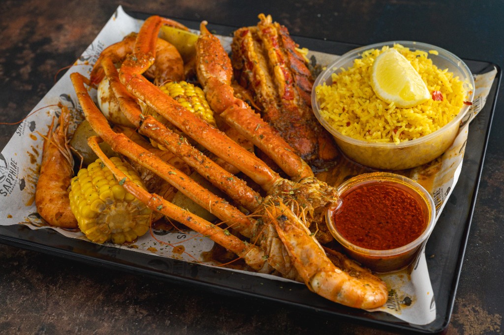Snow crab legs and yellow rice