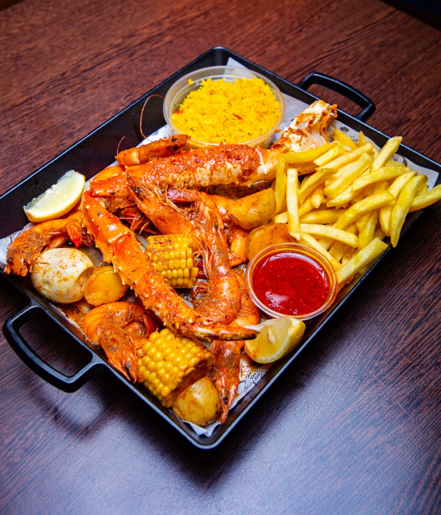 King prawns, crab, and fries