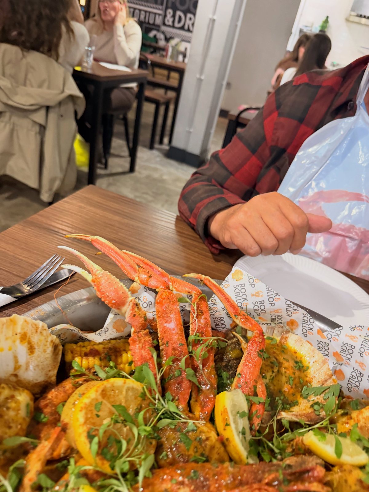 Seafood boil with crab legs on table